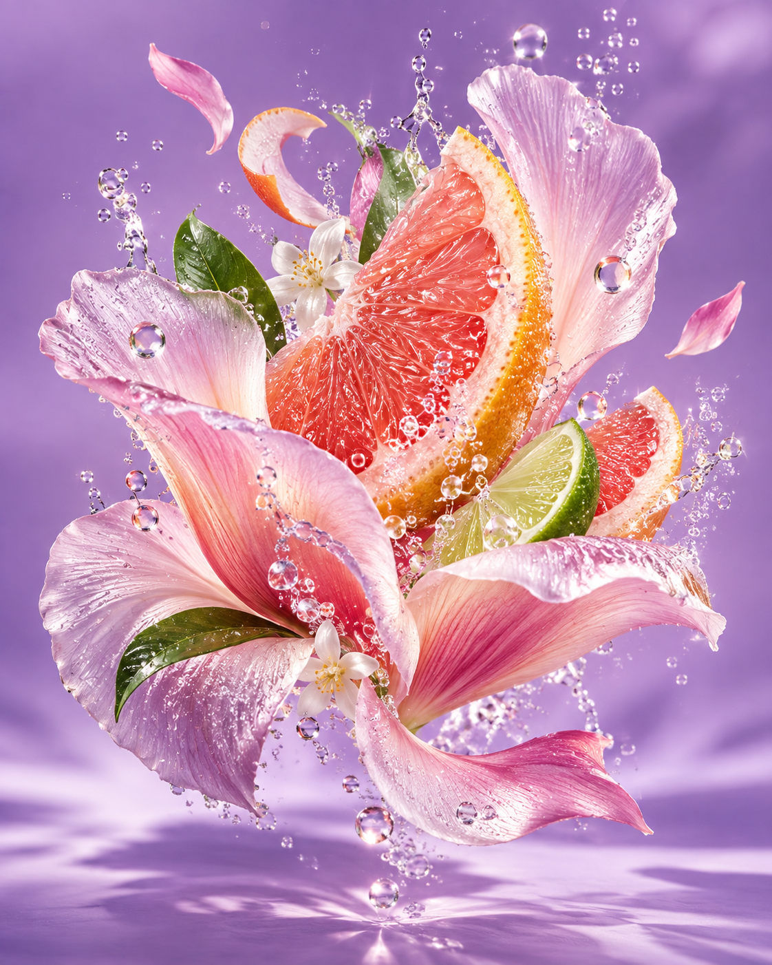 Pink grapefruit, lime, flower petals and sparkling water on a lavender background